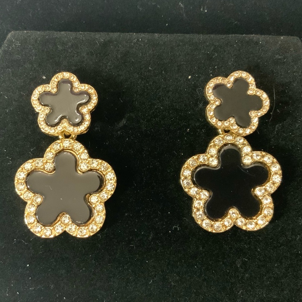 Elegant Black and Gold Rhinestone Clover  Earrings